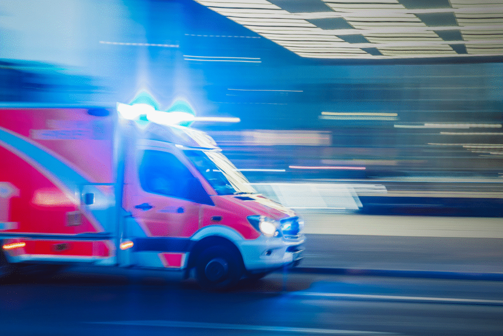 Una ambulancia conduciendo a gran velocidad para atender un accidente ocurrido en horario laboral - Riesgo público